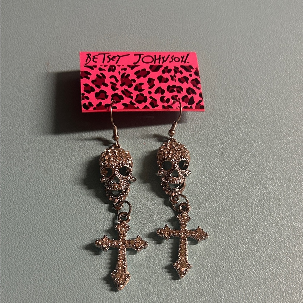 Betsey Johnson Silver Crystal Skull‎ and Cross Dangle Earrings